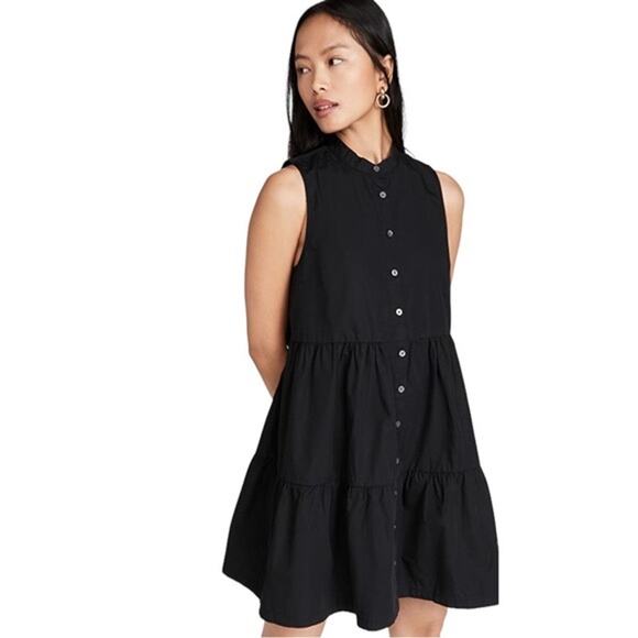 Madewell Black Gray Sleeveless Tiered Button Down Mini A-Line Shirt Dress Sz XS - Picture 4 of 9